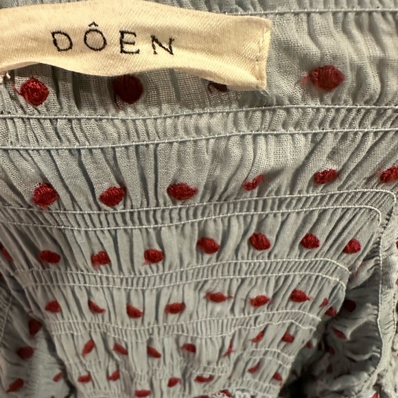 Doen Sol Blue RED Pol Ka Dot Ruffle Maxi Dress - Picture 6 of 8